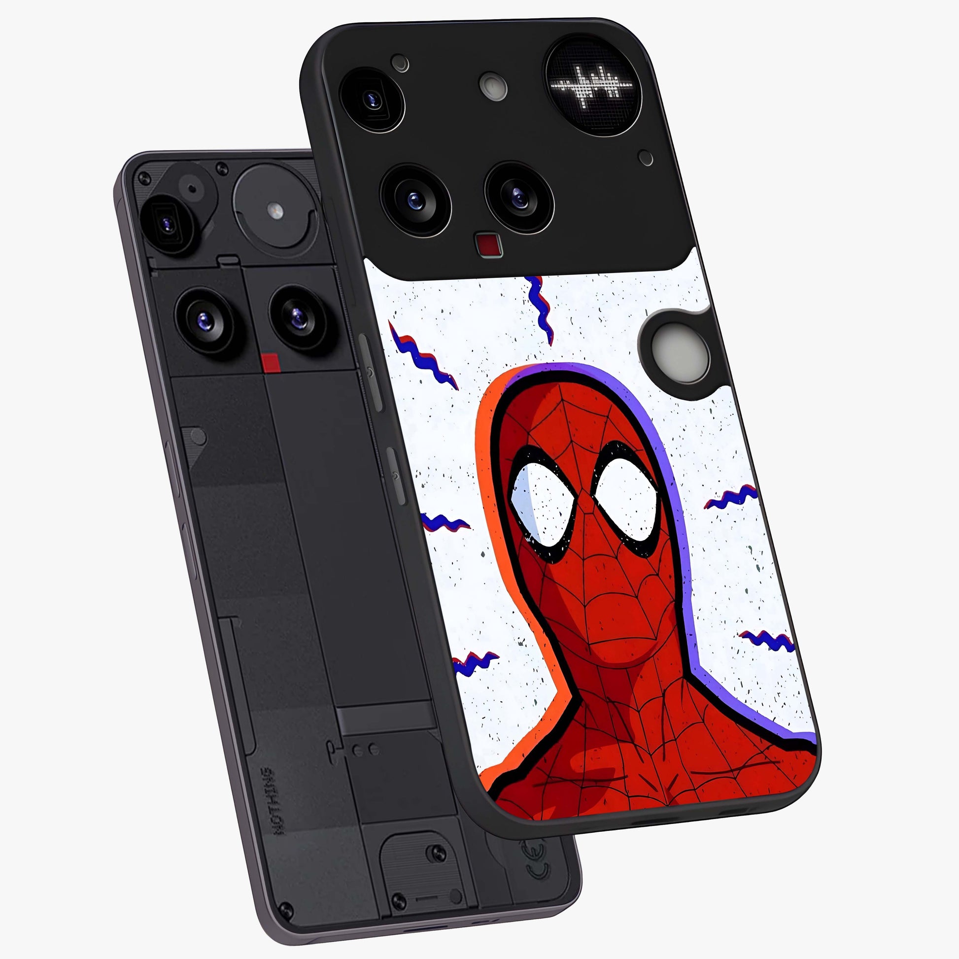 Omg Spiderman Glass Case displayed in angled mockup highlighting dynamic hero illustration with action comic aesthetic.