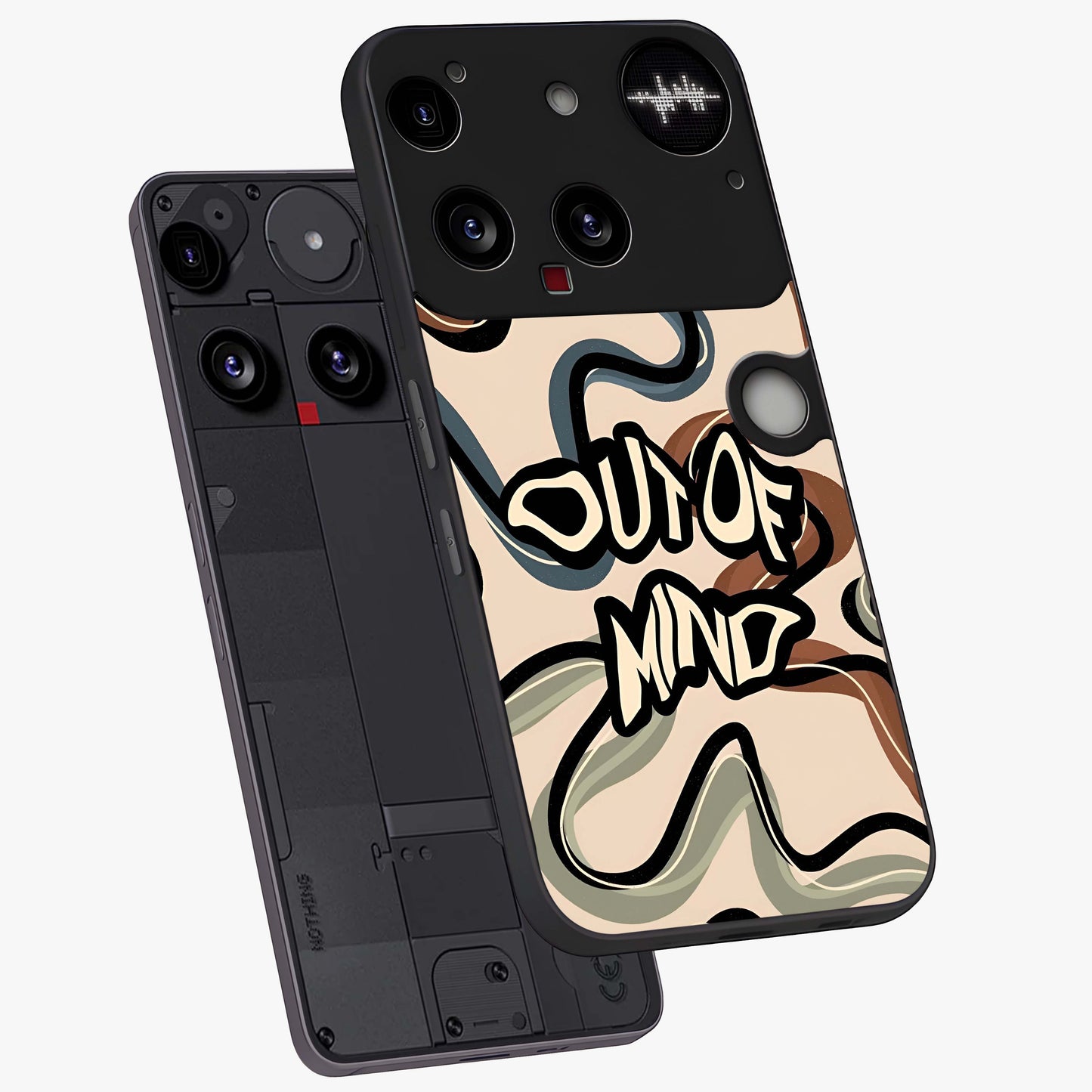 Out Of Mind Glass Case displayed in angled mockup highlighting bold statement design with modern artistic aesthetic.