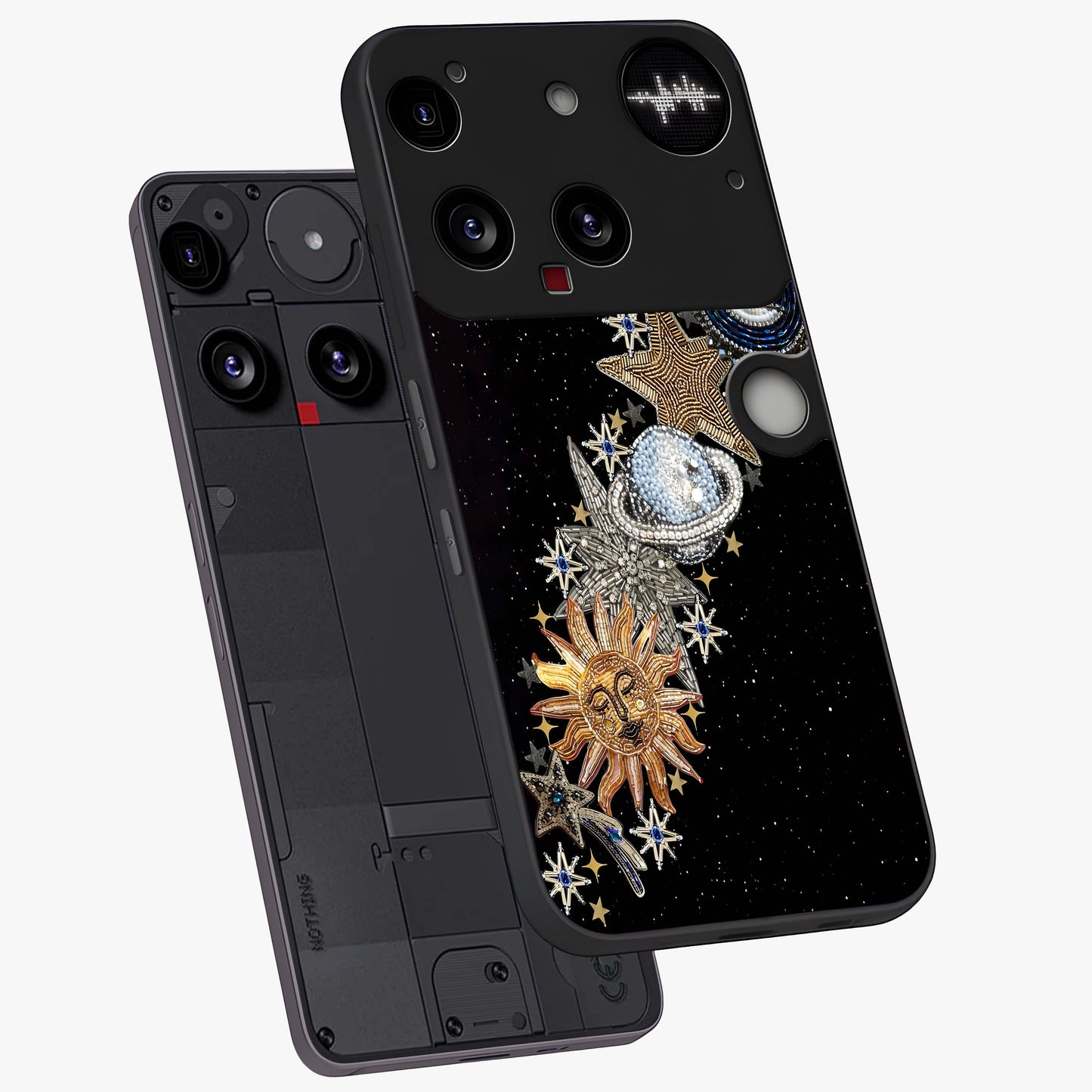 Pearls Universe Object Glass Case displayed in angled mockup highlighting celestial pearl design with dreamy aesthetic.