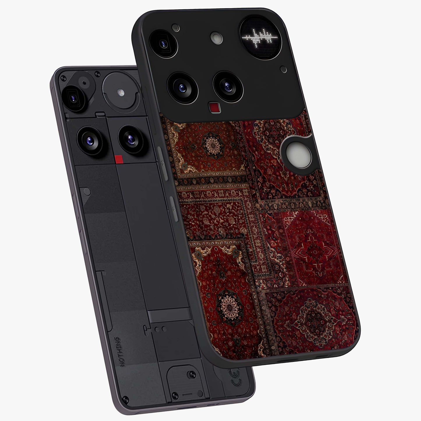 Persian Velvet Tale Glass Case displayed in angled mockup highlighting ornate textile inspired design with royal aesthetic.
