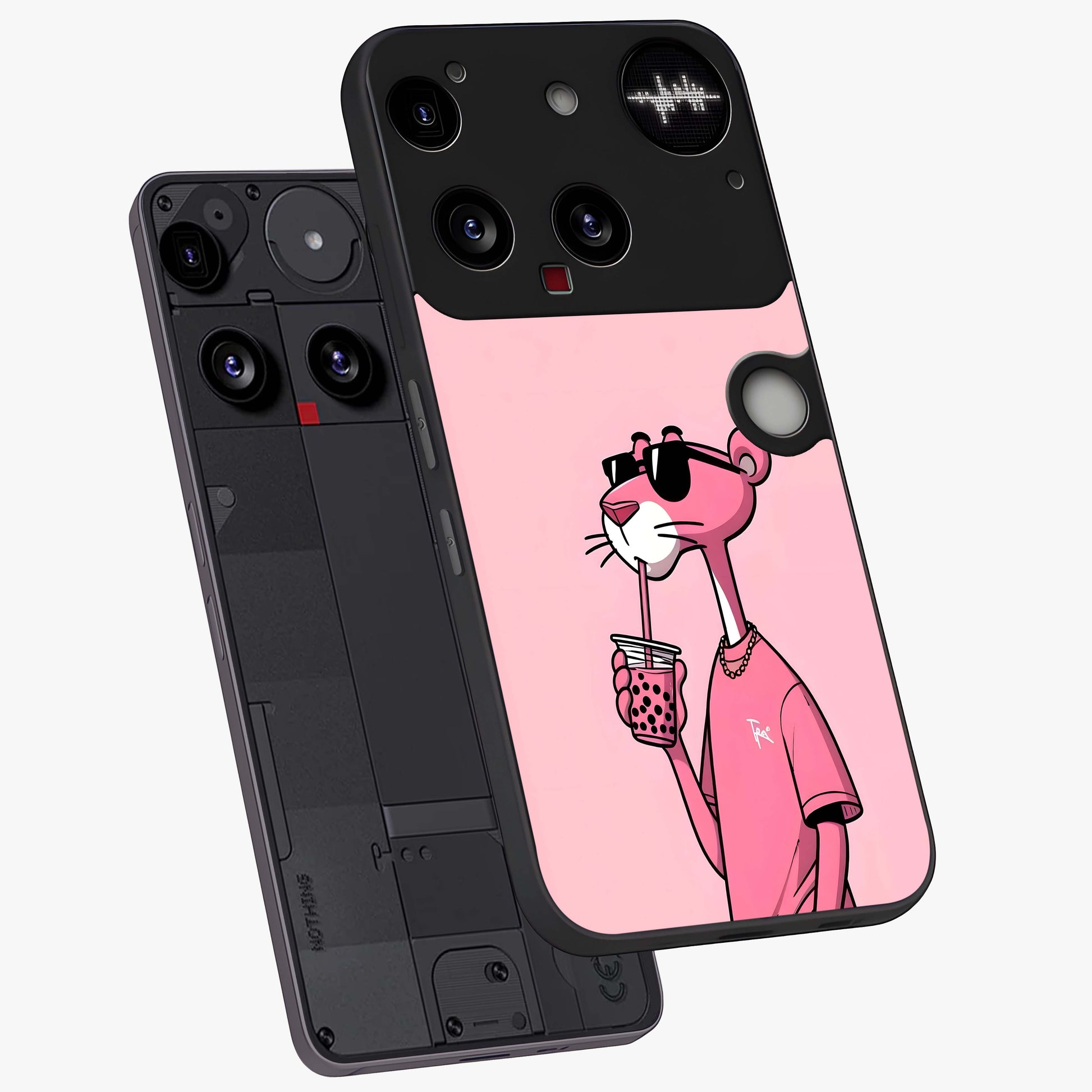 Pink Panther Glass Case displayed in angled mockup highlighting playful cartoon character design with vibrant pink aesthetic.