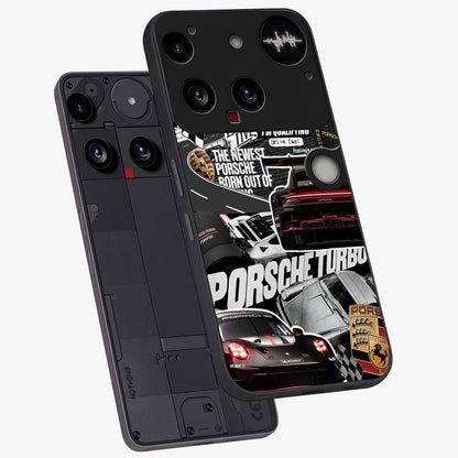 Porsche Racing Collage Glass Case displayed in angled mockup highlighting dynamic automotive design with bold racing aesthetic.