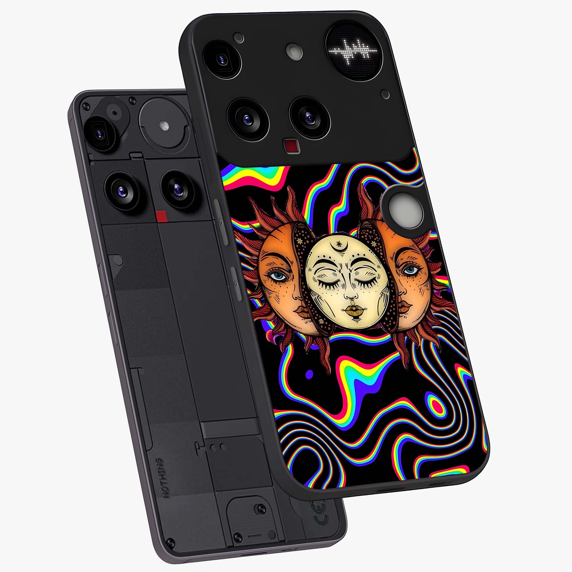 Psychedelic Sun Glass Case displayed in angled mockup highlighting vibrant abstract sun design with artistic aesthetic style.