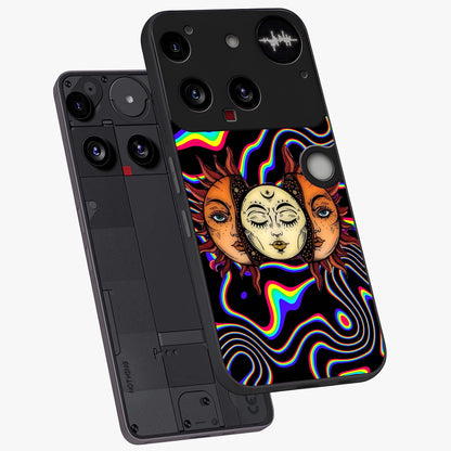 Psychedelic Sun Glass Case displayed in angled mockup highlighting vibrant abstract sun design with artistic aesthetic style.