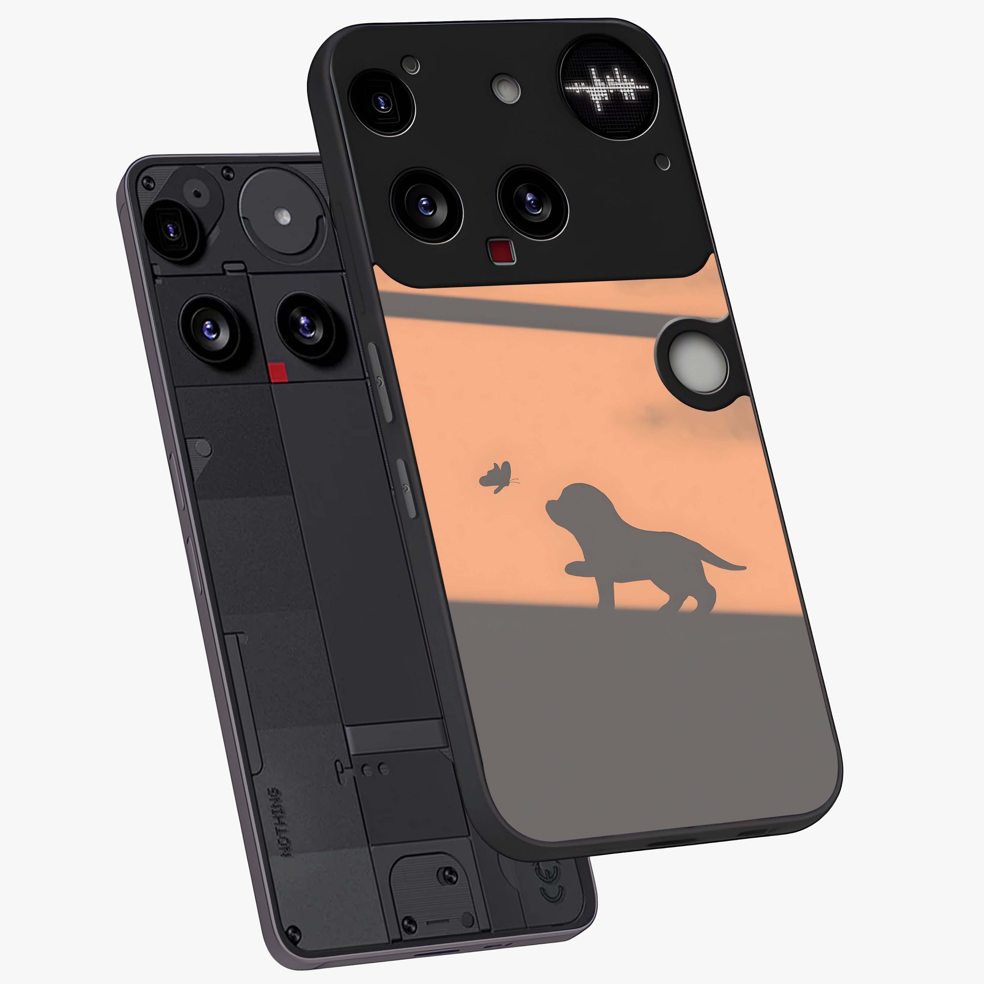 Puppy Shadow Art Glass Case displayed in angled mockup highlighting playful dog illustration with artistic shadow aesthetic.