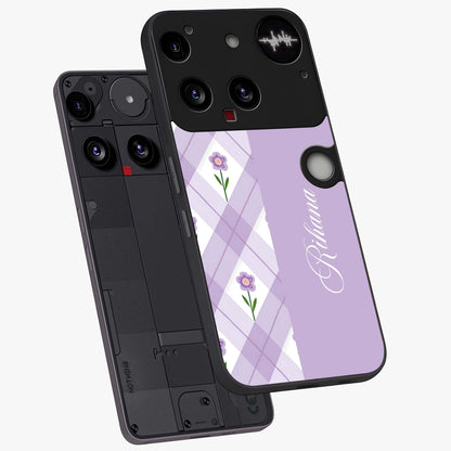 Purple Diamond Floral Glass Case displayed in angled mockup highlighting elegant purple flower design with decorative pattern.