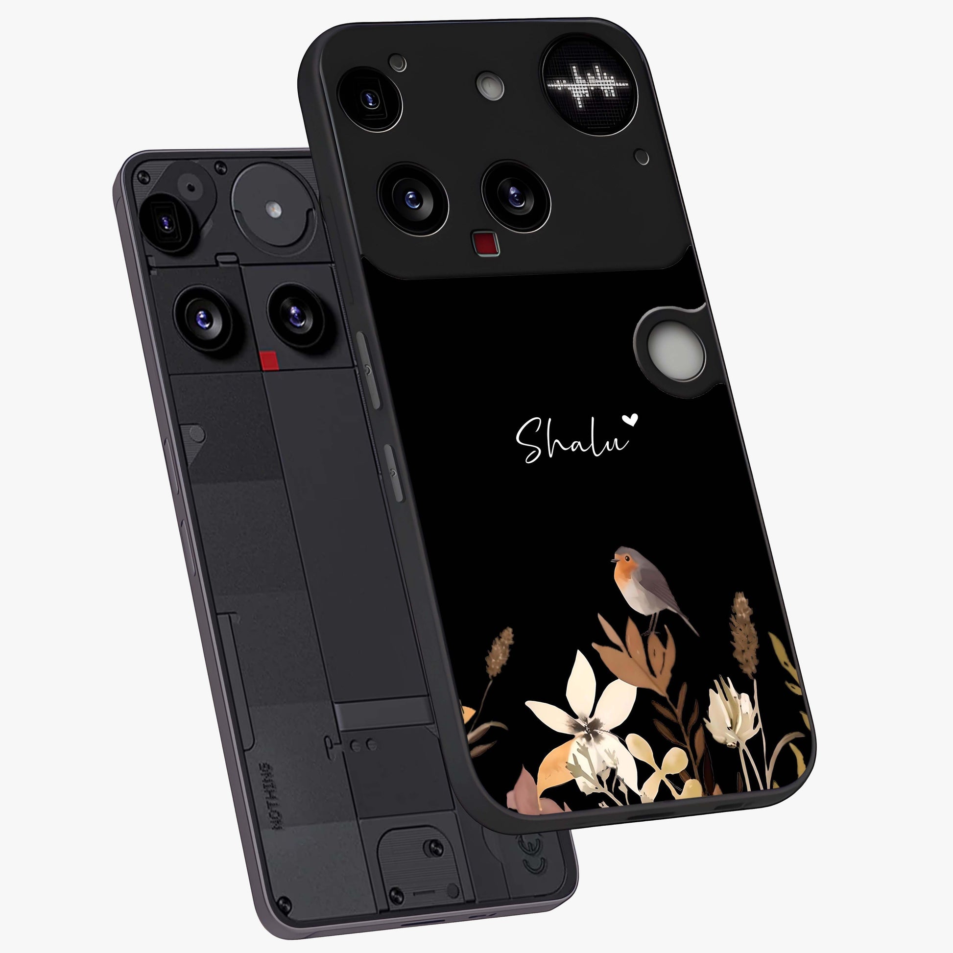 Quiet Garden Tune Custom Name Glass Case displayed in angled mockup highlighting delicate floral garden design with custom name feature.