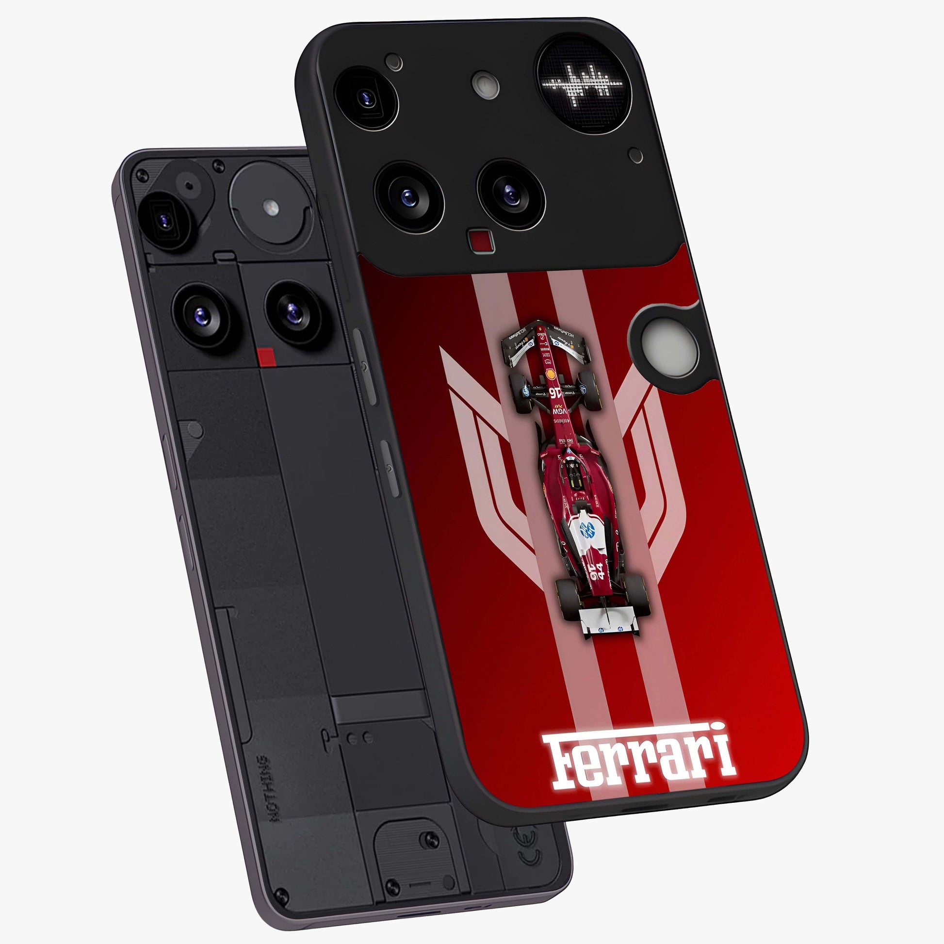 Red Ferrari F1 Vertical Glass Case displayed in angled mockup highlighting high speed racing design with bold automotive aesthetic.