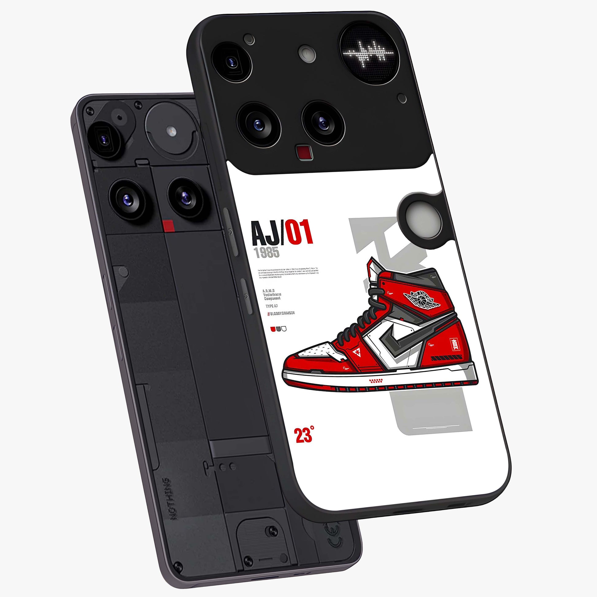 Retro Sneaker Blueprint Glass Case displayed in angled mockup highlighting detailed shoe design with sporty retro aesthetic.