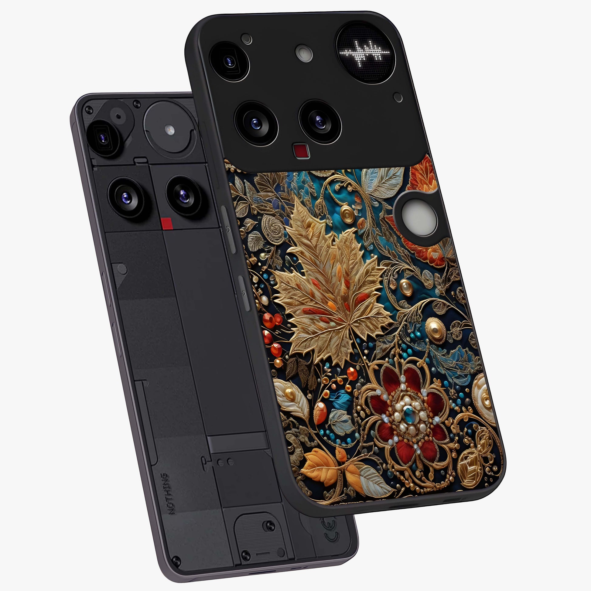 Royal Jewel Garden Glass Case displayed in angled mockup highlighting vibrant jewel inspired floral design with elegant aesthetic.
