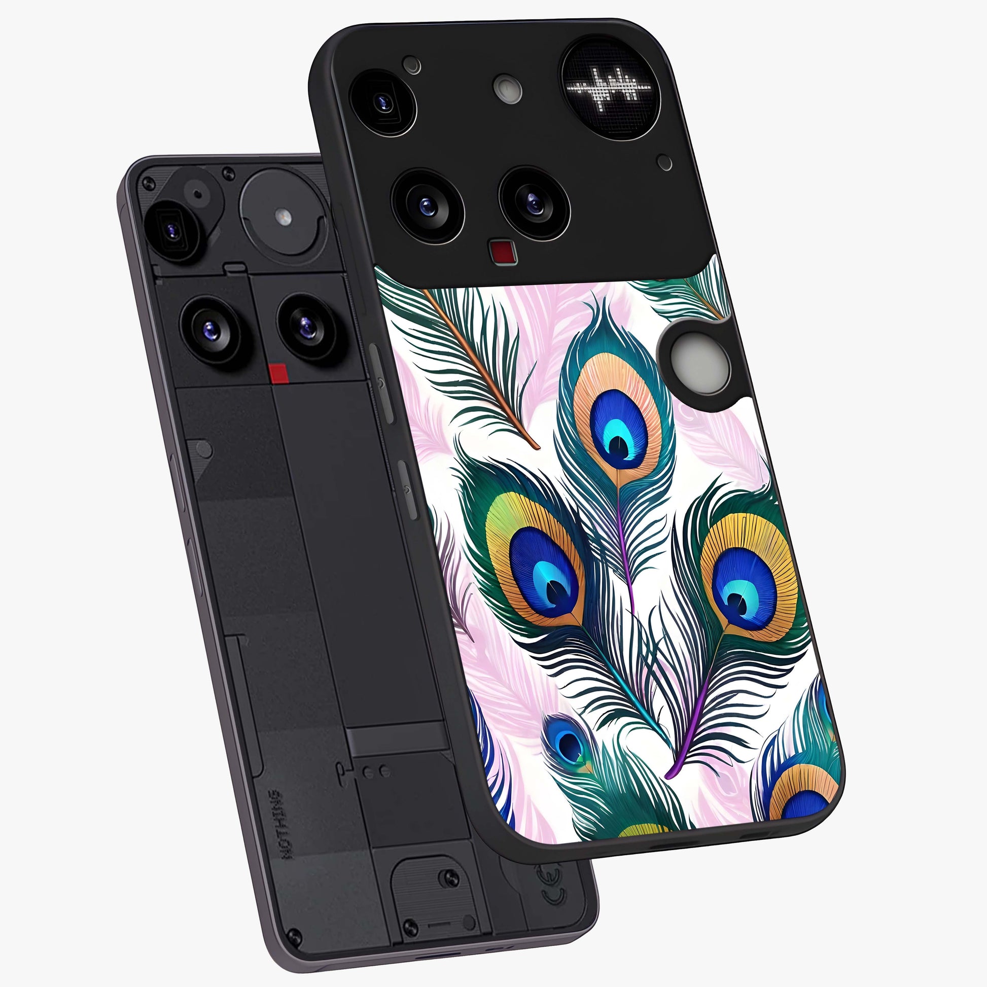Royal Peacock Feathers Glass Case displayed in angled mockup highlighting vibrant feather pattern with regal aesthetic style.