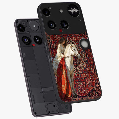 Royal Rider Tapestry Glass Case displayed in angled mockup highlighting traditional tapestry design with royal heritage aesthetic.