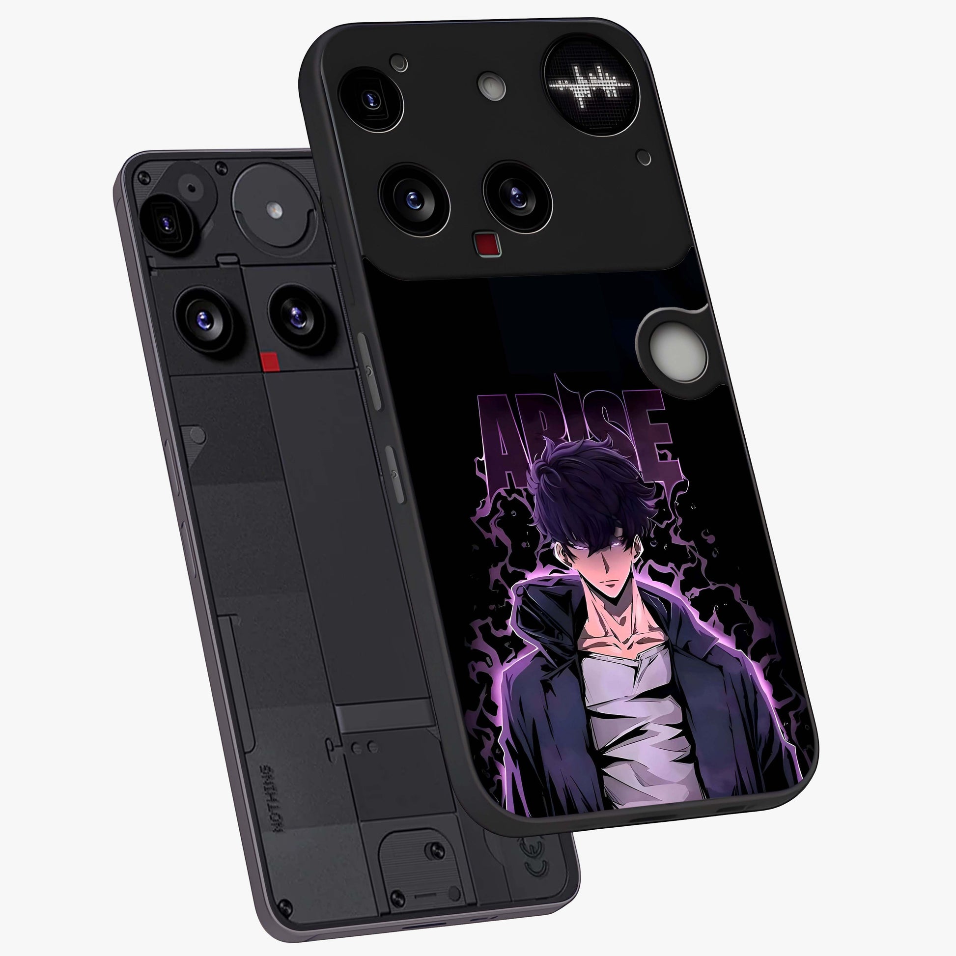 Shadow Monarch Awakening Glass Case displayed in angled mockup highlighting dramatic shadow warrior design with fantasy aesthetic.