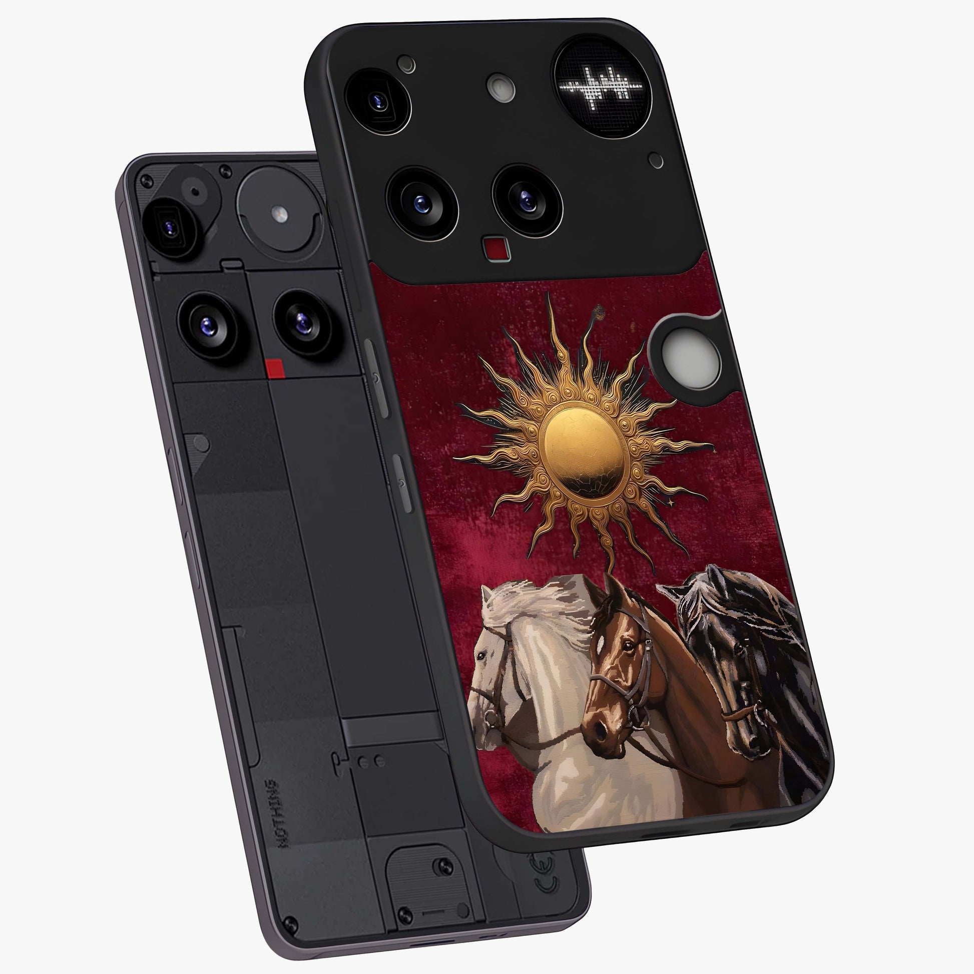 Solar Riders Glass Case displayed in angled mockup highlighting powerful rider illustration with radiant solar aesthetic.