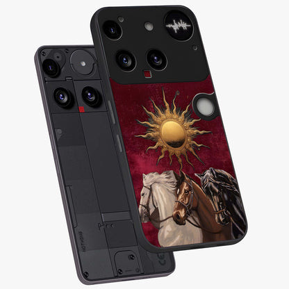 Solar Riders Glass Case displayed in angled mockup highlighting powerful rider illustration with radiant solar aesthetic.