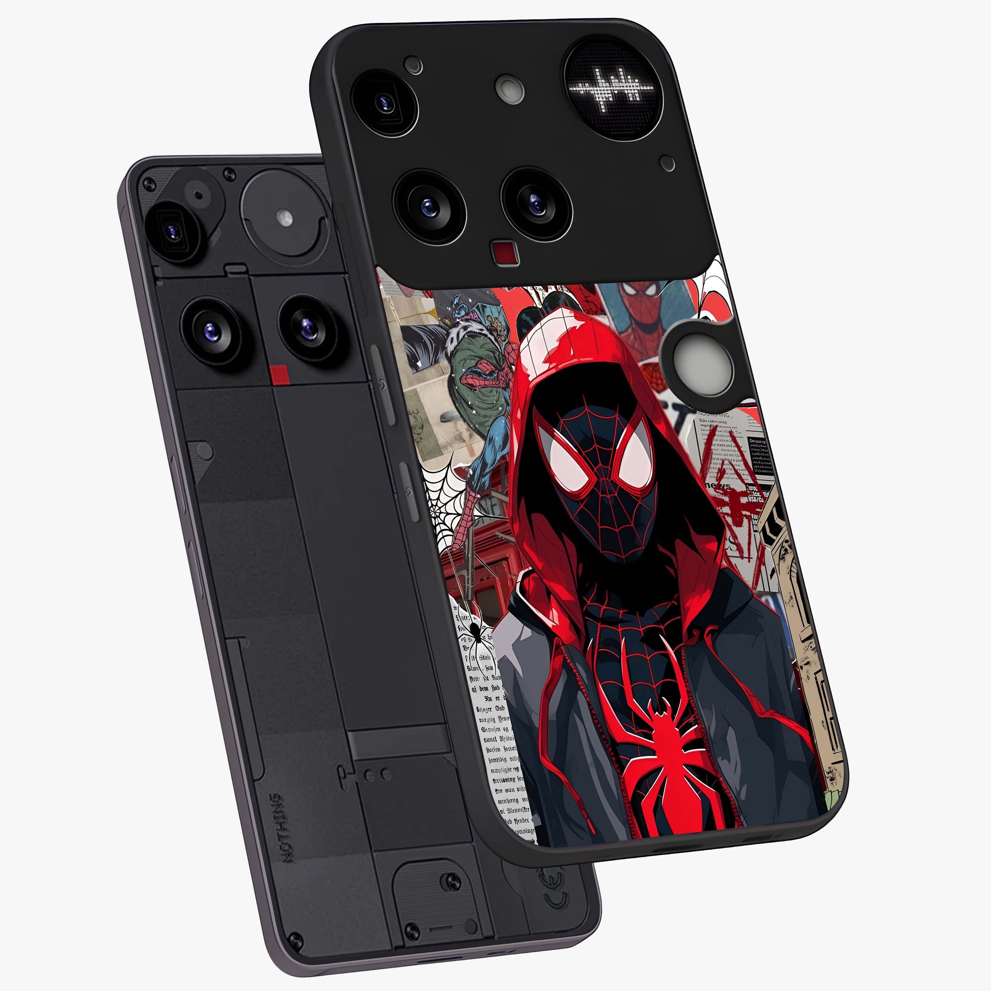 Spider Collage Street Glass Case displayed in angled mockup highlighting dynamic street style collage design with comic aesthetic.