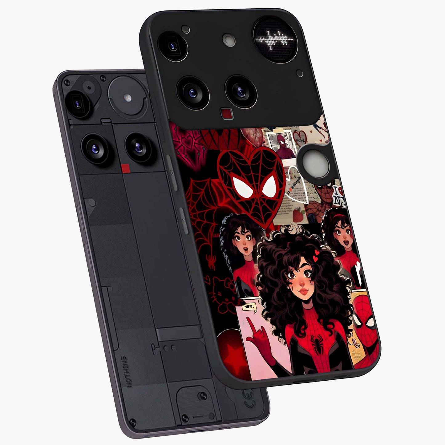 Spider Love Story Glass Case displayed in angled mockup highlighting expressive comic inspired design with playful aesthetic.