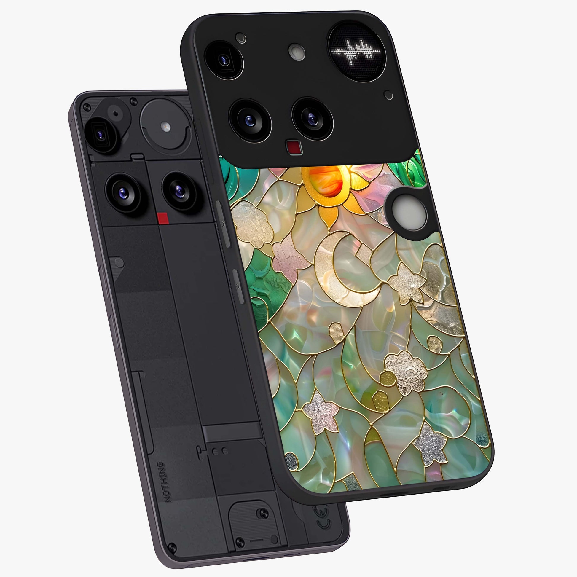 Stained Sunrise Glow Glass Case displayed in angled mockup highlighting radiant sunrise design with artistic aesthetic style.
