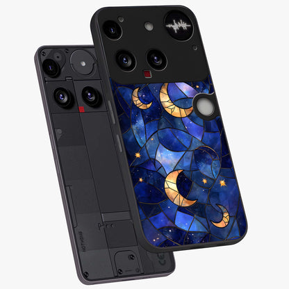 Starlit Sky Tapestry Glass Case displayed in angled mockup highlighting celestial night pattern with artistic aesthetic style.