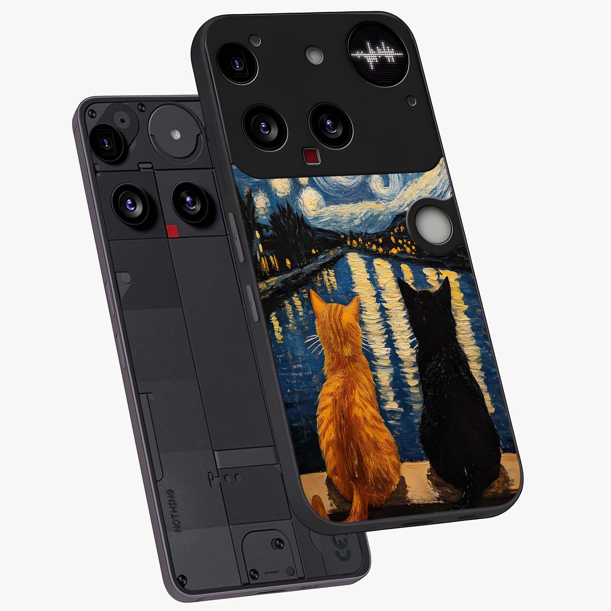 Starry River Cats Glass Case displayed in angled mockup highlighting charming feline illustration with dreamy night aesthetic.