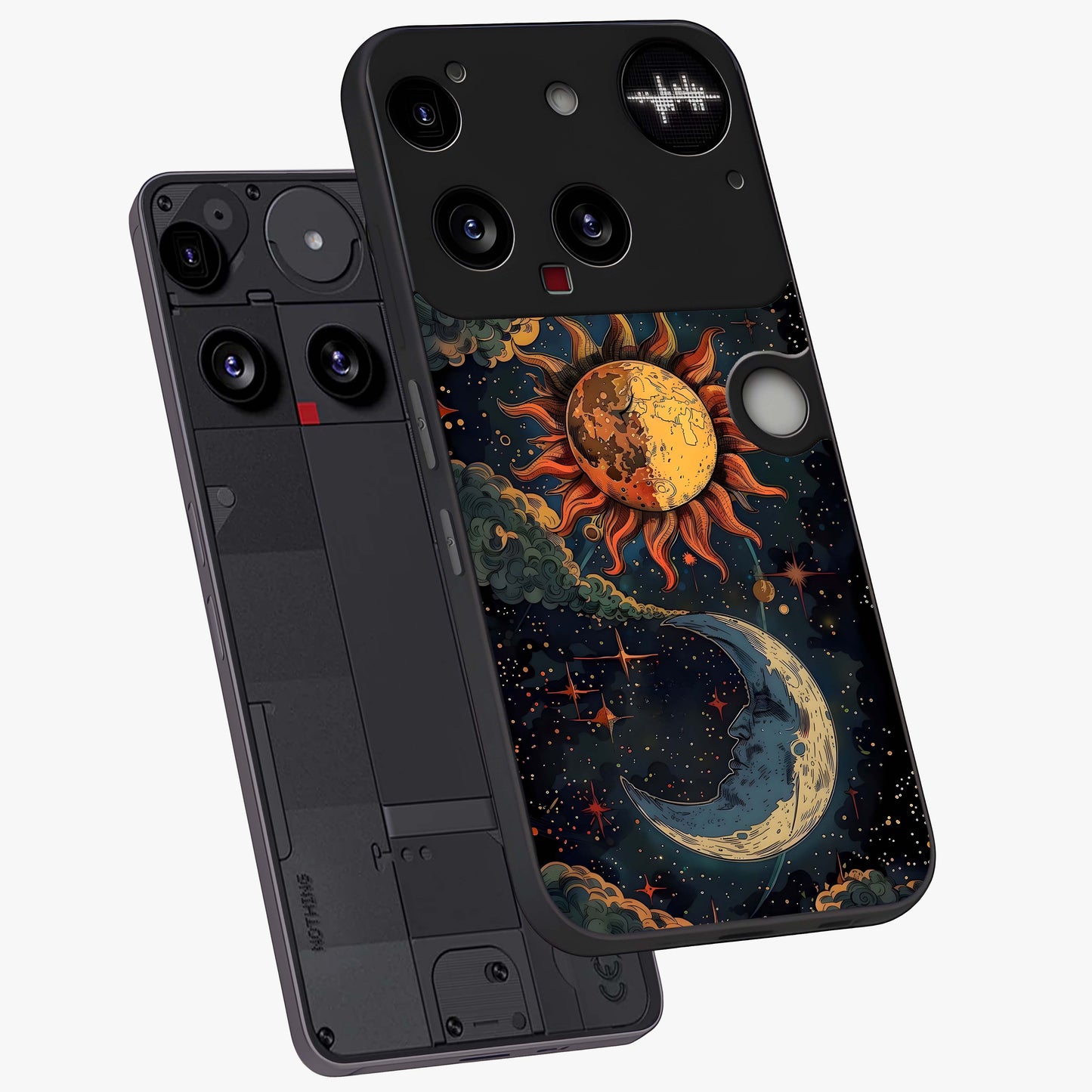 Sun And Moon Magic Design Glass Case displayed in angled mockup highlighting celestial design with magical cosmic aesthetic.