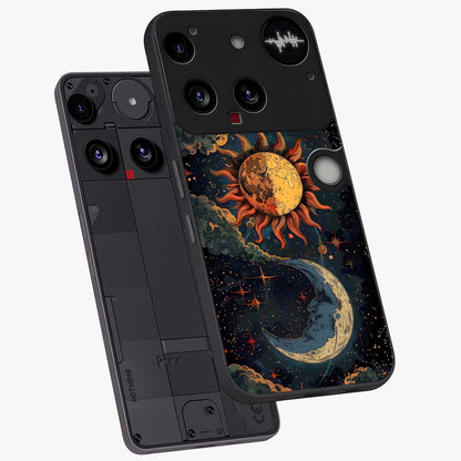 Sun And Moon Magic Design Glass Case displayed in angled mockup highlighting celestial design with magical cosmic aesthetic.