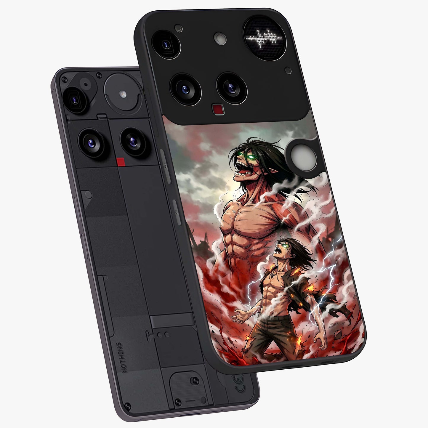 Titan Awakening Fury Glass Case displayed in angled mockup highlighting dramatic giant warrior design with bold anime aesthetic.