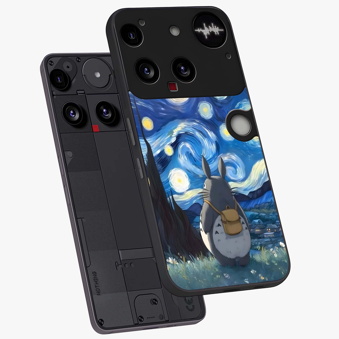 Totoro In Van Gogh Art Glass Case displayed in angled mockup highlighting artistic swirling sky design with playful animation aesthetic.