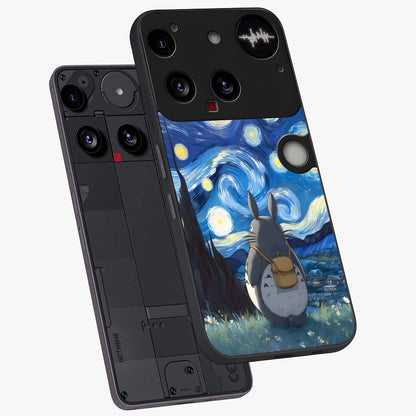 Totoro In Van Gogh Art Glass Case displayed in angled mockup highlighting artistic swirling sky design with playful animation aesthetic.