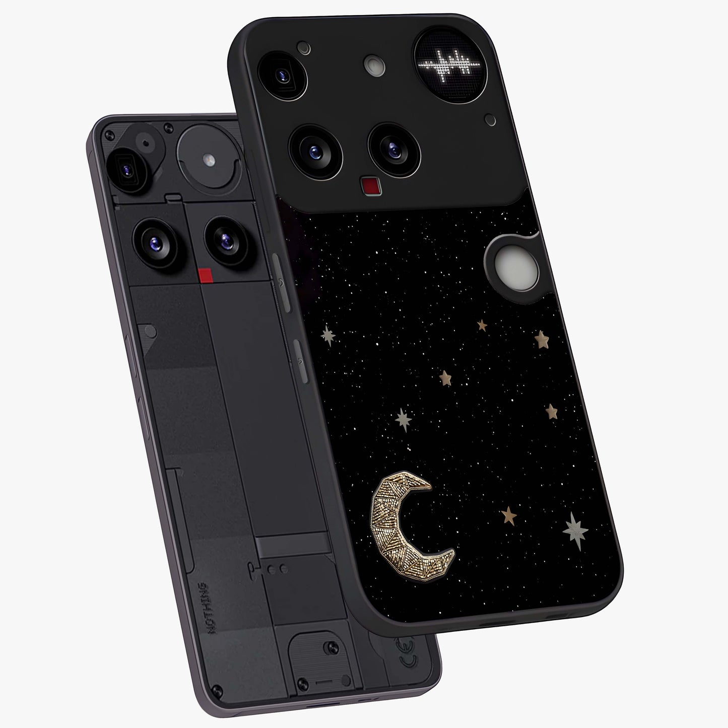 Twinkle Star With Half Moon Glass Case displayed in angled mockup highlighting celestial moon and star design with magical aesthetic.