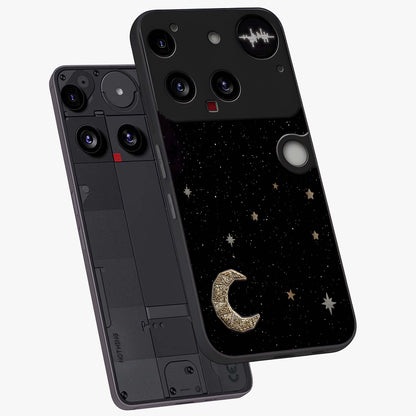 Twinkle Star With Half Moon Glass Case displayed in angled mockup highlighting celestial moon and star design with magical aesthetic.
