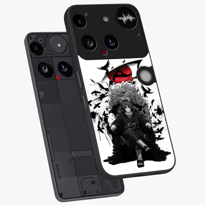 Uchiha Shadow Throne Glass Case displayed in angled mockup highlighting glowing aquatic design with celestial aesthetic.