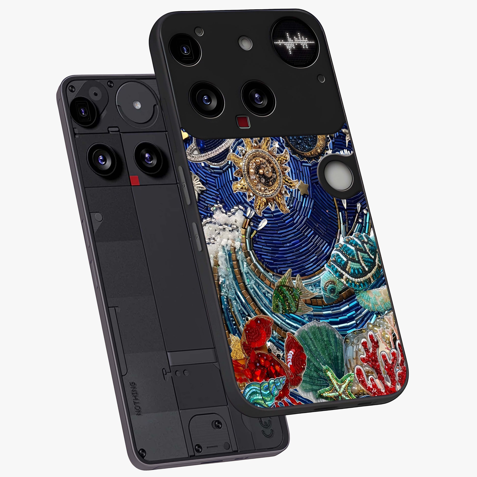 Universe Underwater Spark Glass Case displayed in angled mockup highlighting glowing aquatic design with celestial aesthetic.