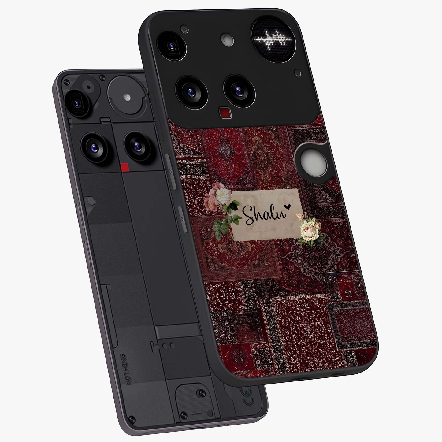 Velvet Wine Pattern Custom Name Glass Case displayed in angled mockup highlighting decorative velvet inspired design with custom name feature.