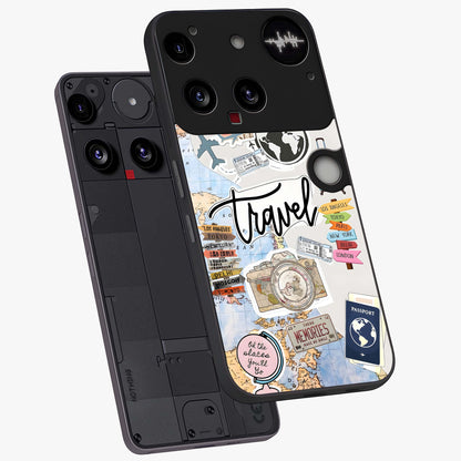 Wanderlust Journal Glass Case displayed in angled mockup highlighting adventure themed design with aesthetic travel vibe.