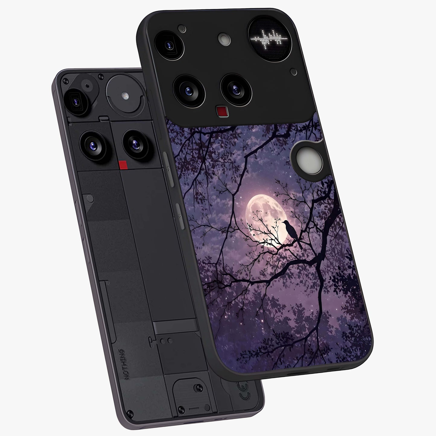 Whispering Moon Silence Glass Case displayed in angled mockup highlighting calm lunar design with dreamy night aesthetic.
