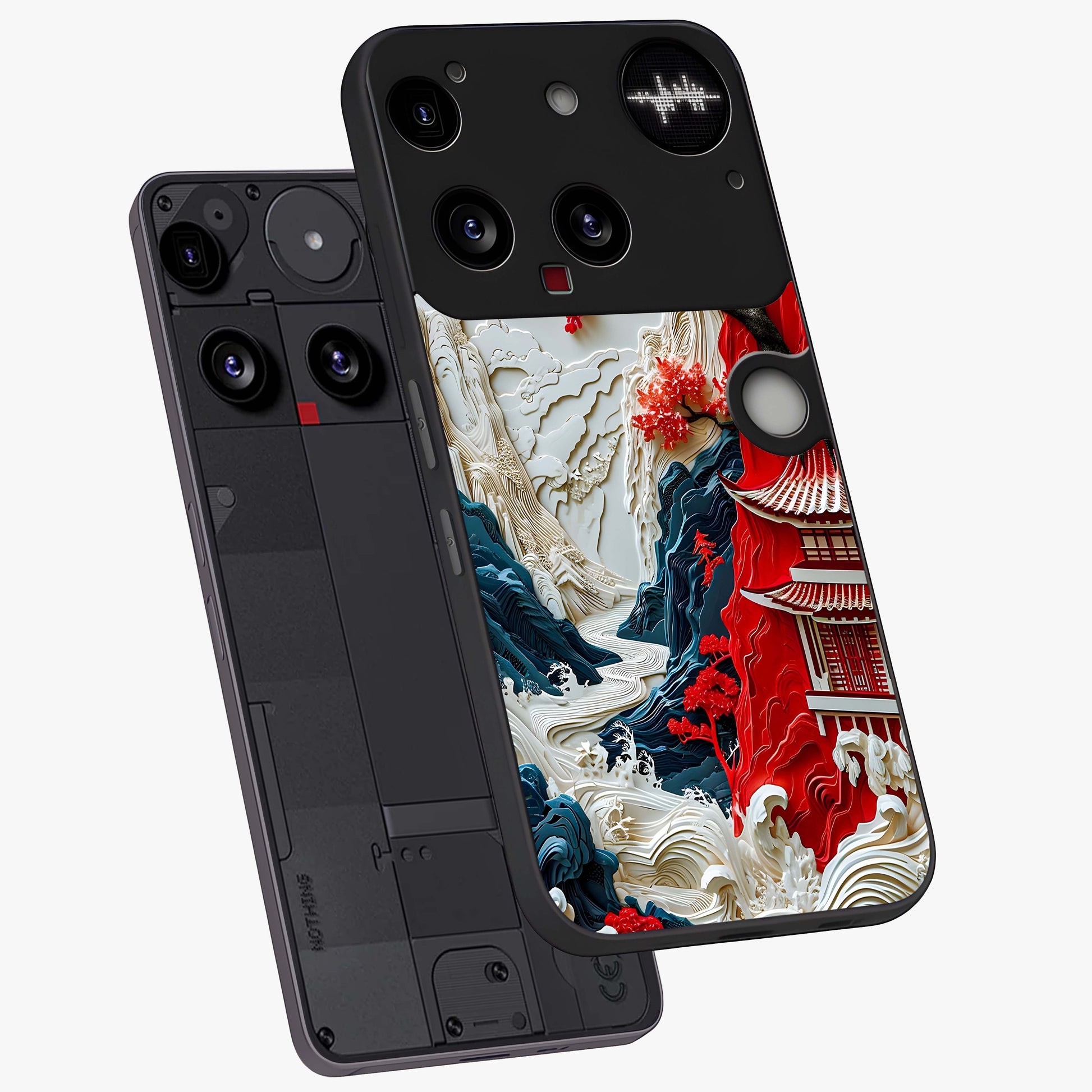 Whispers Of Sakura Waves Glass Case displayed in angled mockup highlighting flowing sakura design with soft floral aesthetic.