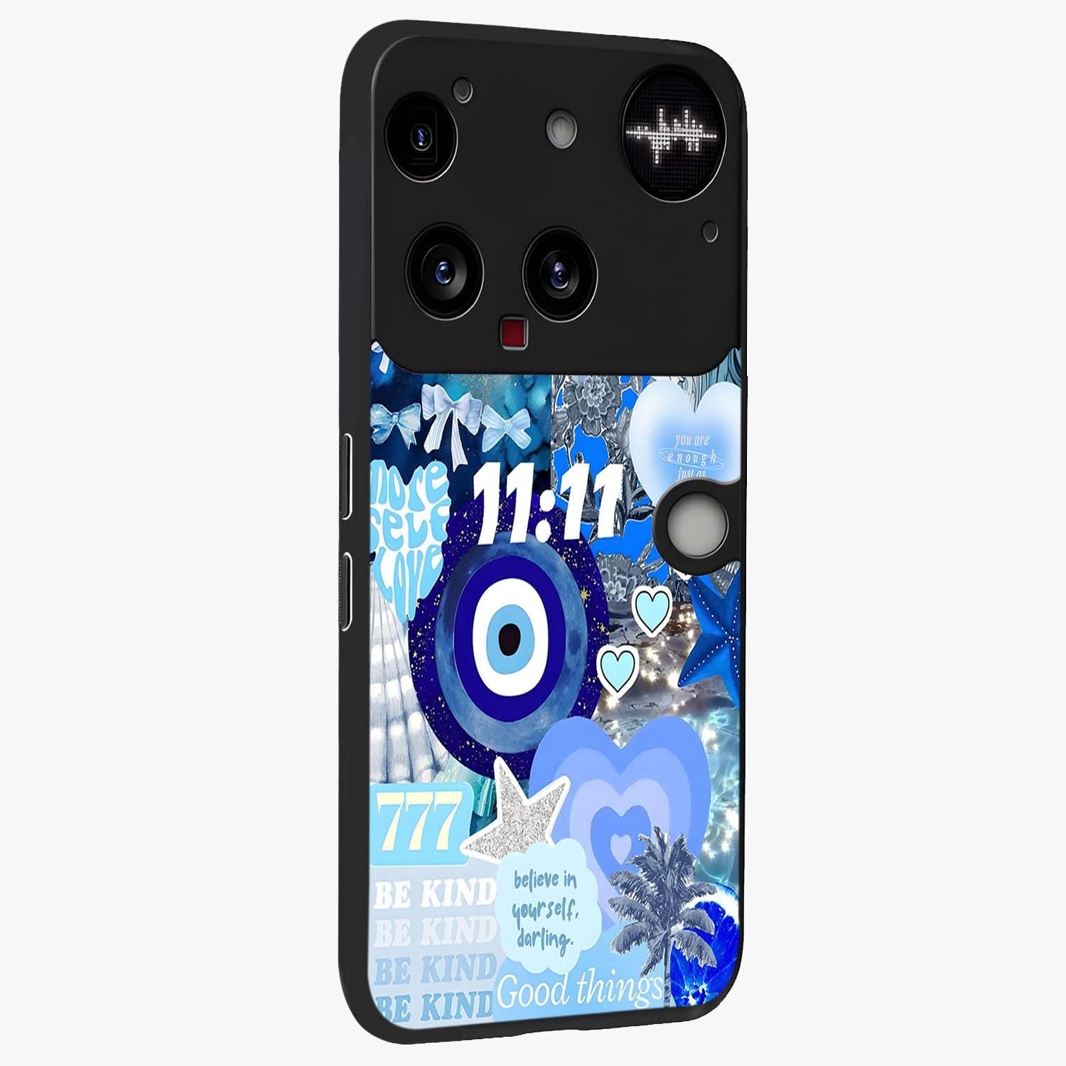 Aesthetic Be Kind Eye Glass Case upright view showcasing stylish eye illustration with positive message theme.