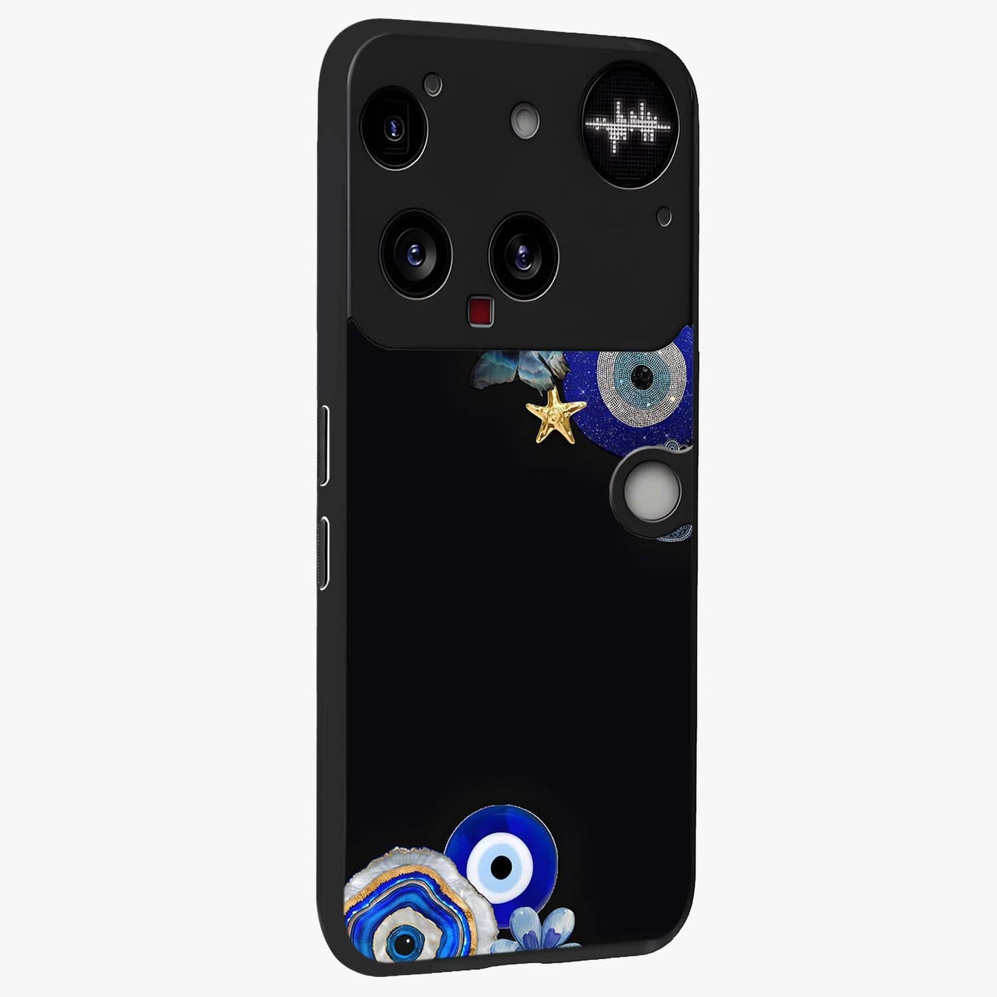 Aesthetic Blue Evil Eye Glass Case upright view showcasing mystical evil eye graphic with minimal aesthetic style.
