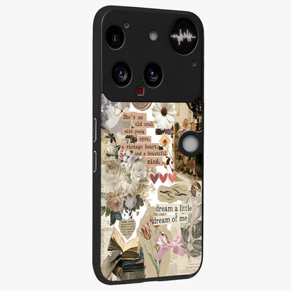 Aesthetic Brown Vintage Collage Glass Case upright view showcasing nostalgic retro artwork with stylish vintage theme.