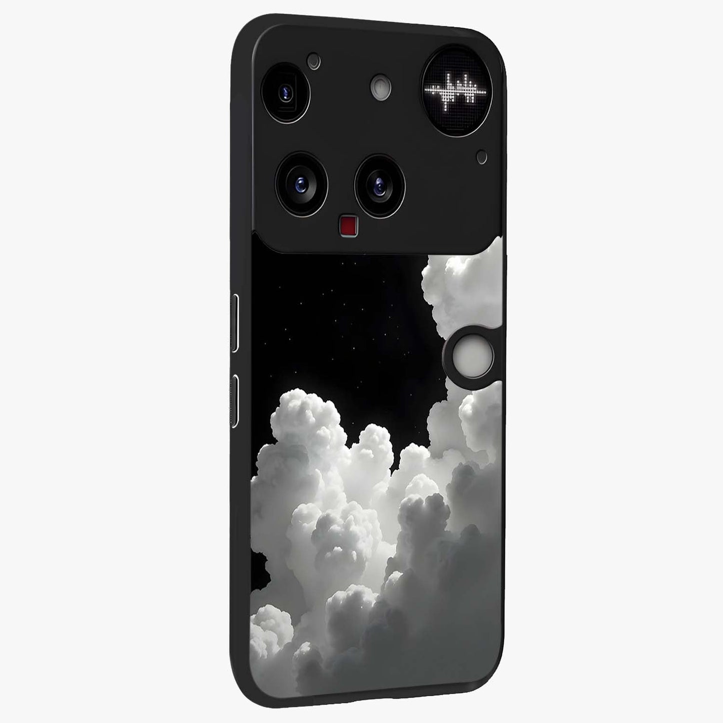 Black Background With White Cloud Glass Case upright view showcasing calm cloud aesthetic with modern minimal style.