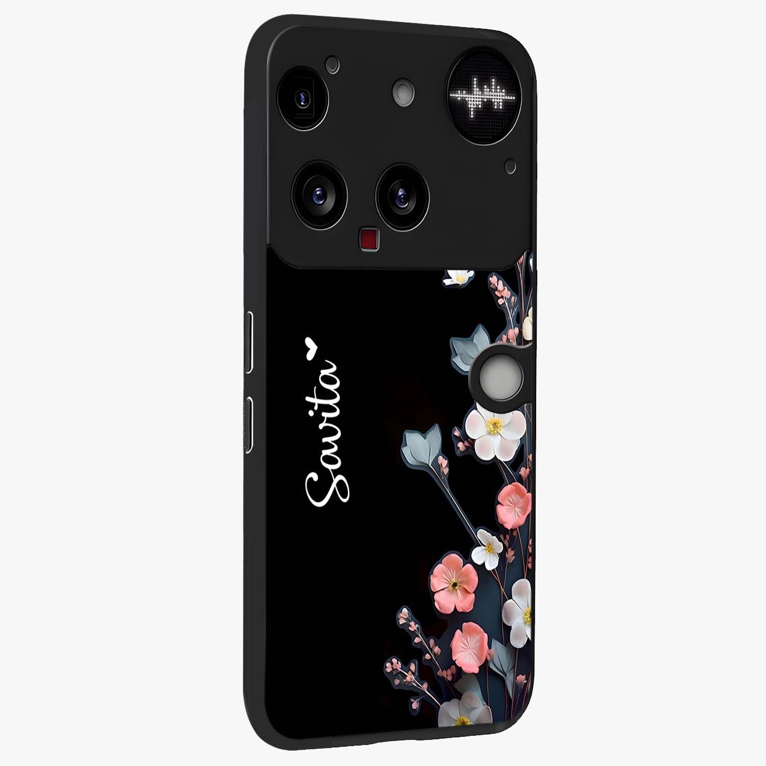 Black Elegance Floral Custom Name Glass Case upright view showcasing luxurious black floral design with personalized name detail.