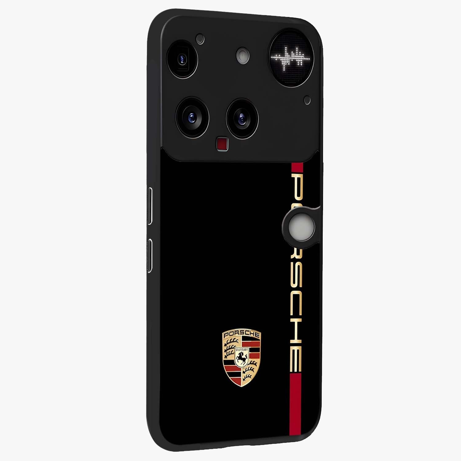 Black Minimal Porsche Glass Case upright view showcasing stylish automotive artwork with bold minimal theme.
