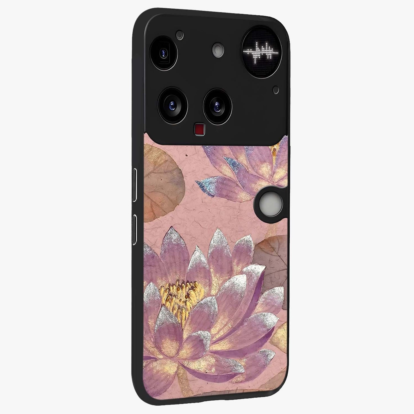 Blossom Mist Lotus Glass Case upright view showcasing graceful lotus flower design with peaceful botanical style.