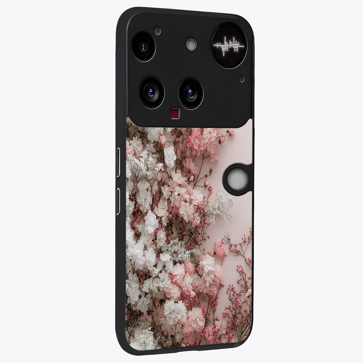 Blush Blossom Cloud Glass Case upright view showcasing calm floral cloud artwork with gentle dreamy theme.