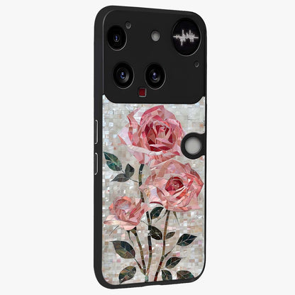 Blush Mosaic Bloom Glass Case upright view showcasing decorative floral mosaic artwork with stylish modern aesthetic.