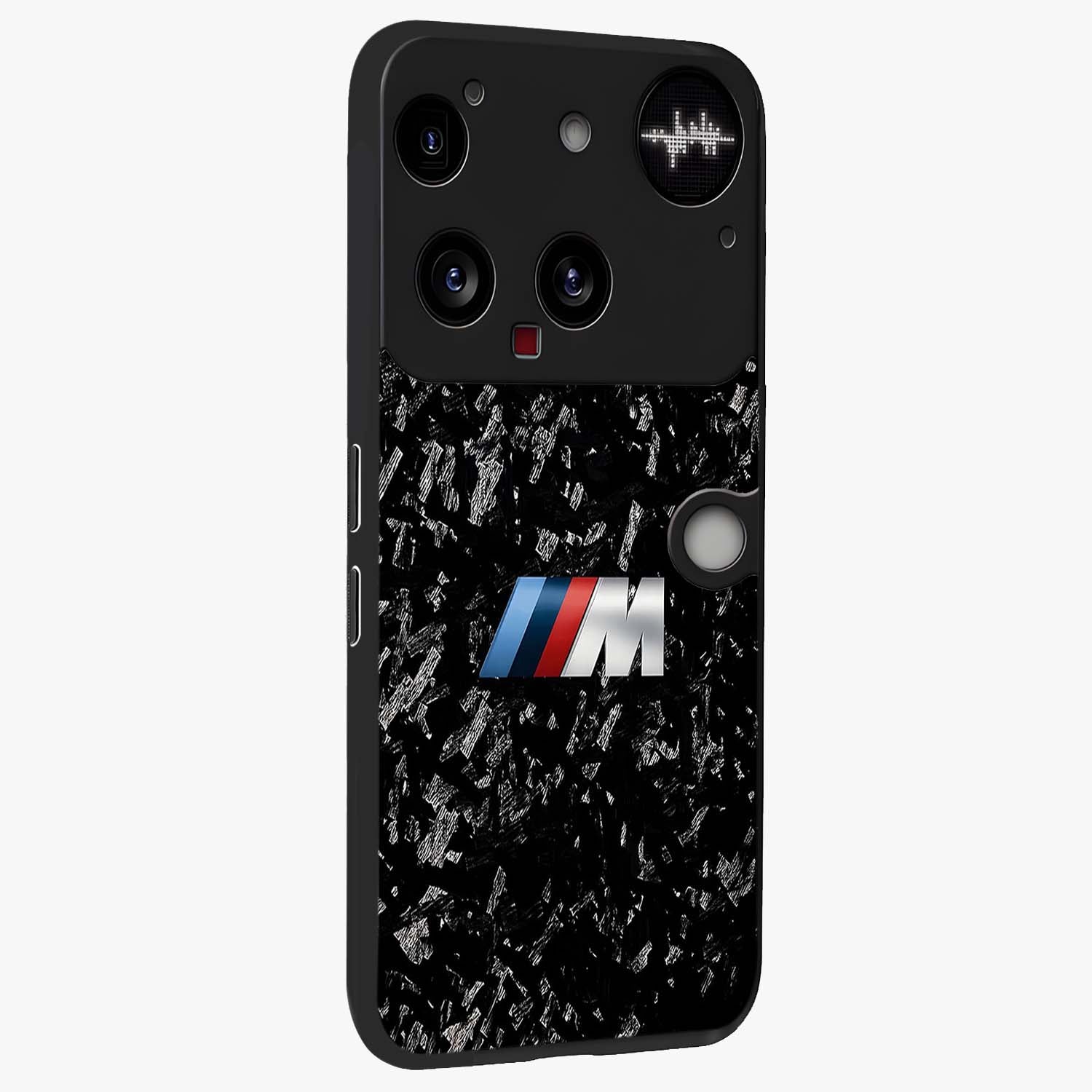 Carbon Speed Mark Glass Case upright view showcasing modern carbon speed graphic with bold automotive theme.