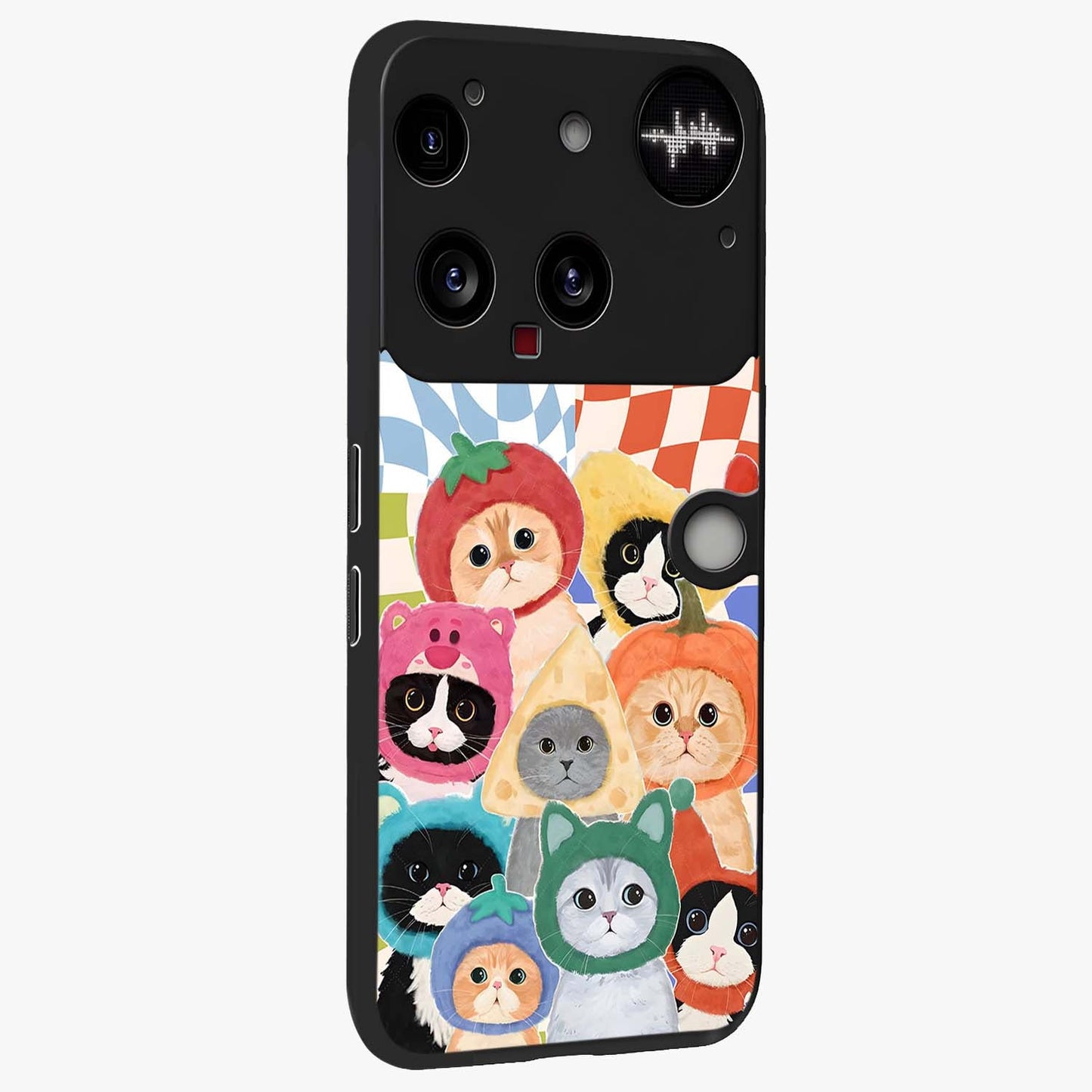 Cats in Fruits Glass Case upright view showcasing charming cat artwork with fun fruity theme.