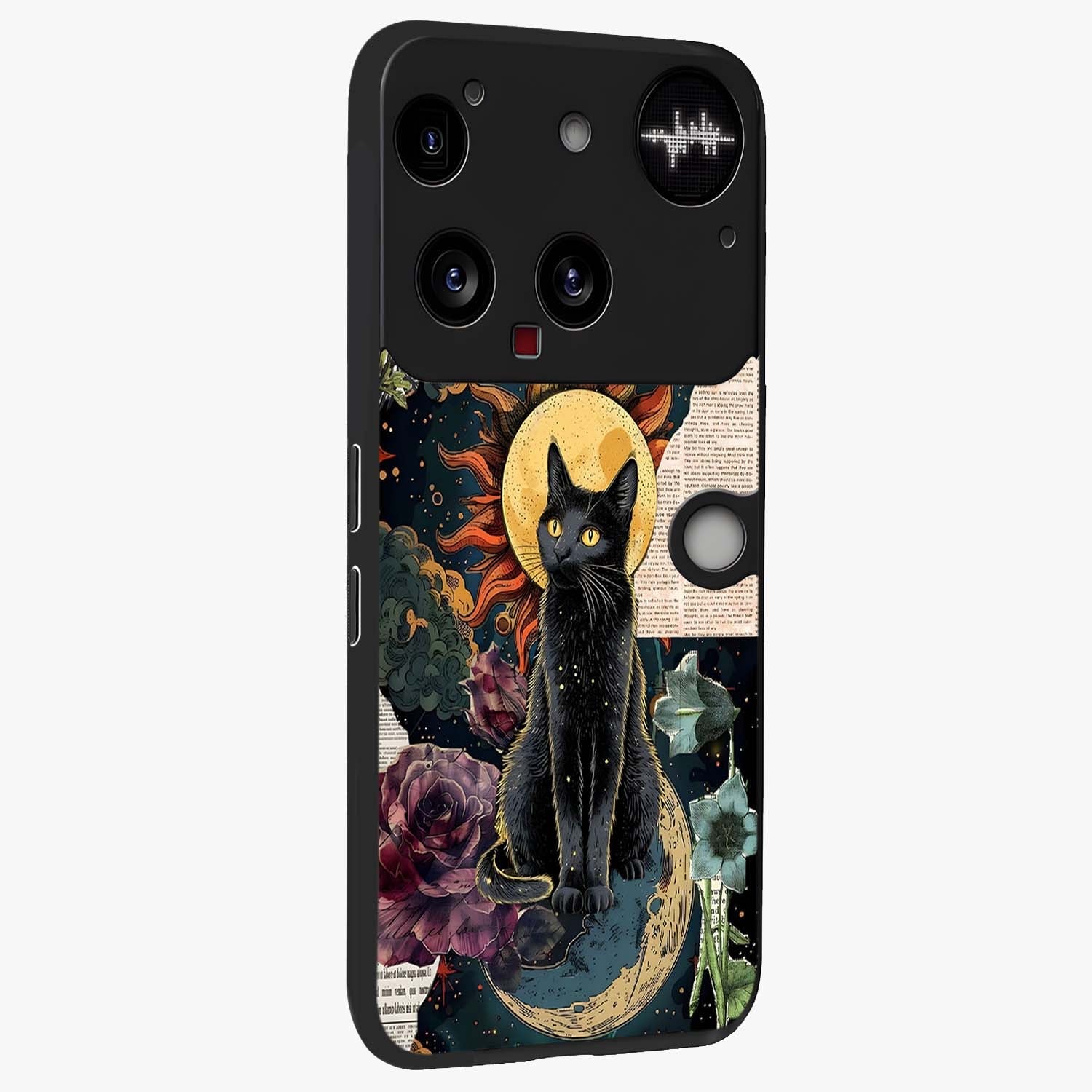Celestial Black Cat Glass Case upright view showcasing magical black cat illustration with starry cosmic theme.