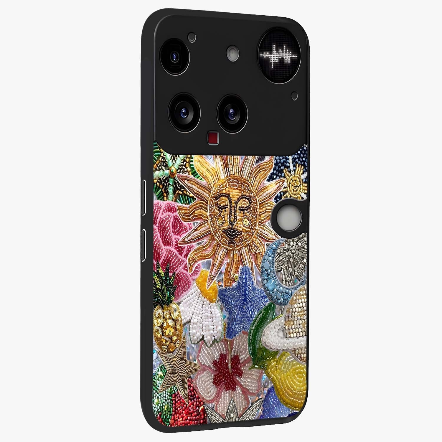 Celestial Floral and Playful Glass Case upright view showcasing whimsical floral artwork with cosmic aesthetic theme.